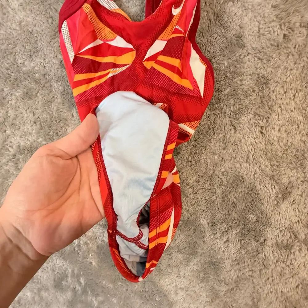 Nike Swimsuit Jagged Geo Red Orange Swimsuit One Piece Racerback 28 Girls 12
